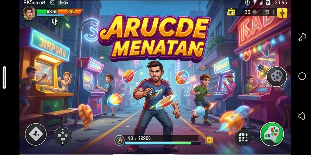 Tangkapan layar RK55 menunjukkan aksi seru dalam permainan Arcade.